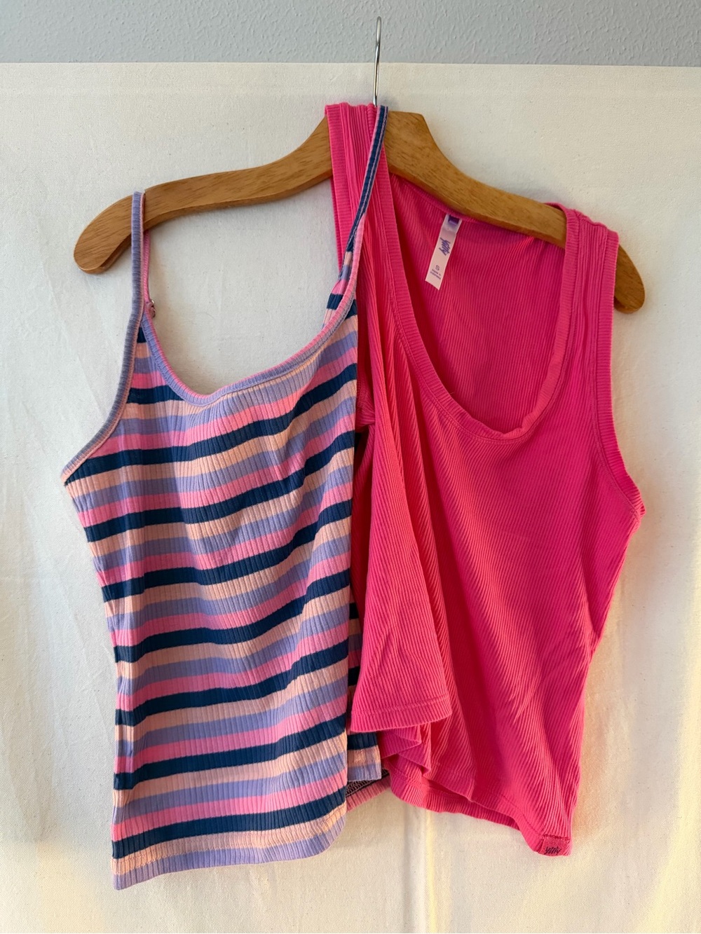 Lot of 2 Basics Hot Pink Ribbed Tank & Pink, Navy and Lilac Striped Cami